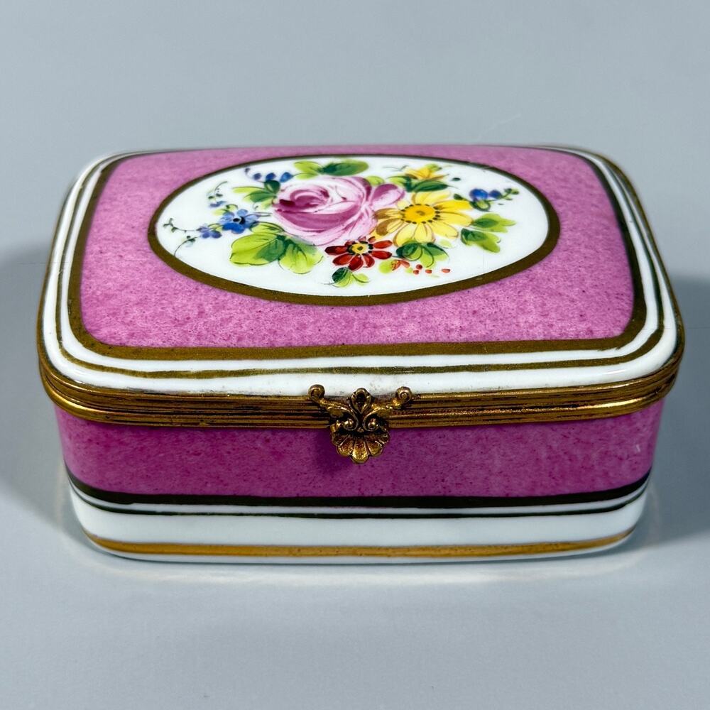 Vintage Sevres STYLE Porcelain Hand Painted Floral Decorated Pink Trinket Box